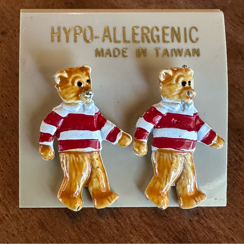 Sale 2/15 Vintage 80's Bear Post Earrings - Red And White Striped Shirt Detail